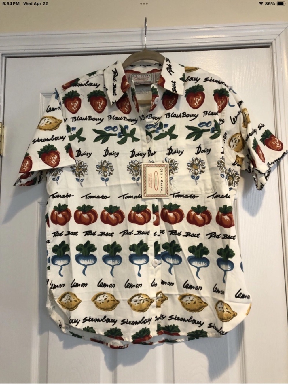 Vtg Deadstock Citi Craze White Fruit-Print Button Shirt Sz M
